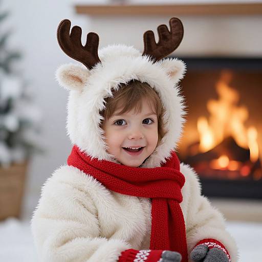 Photograph of a smiling toddler in a white reindeer hooded coat with brown antlers, red scarf, and mittens, standing in front of