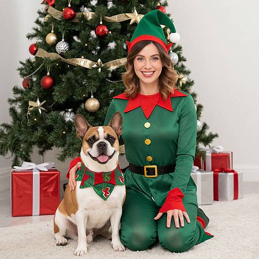 Photograph of a smiling woman in a green elf costume kneeling beside a brown and white dog wearing a matching elf outfit, in front of a decorated Christmas