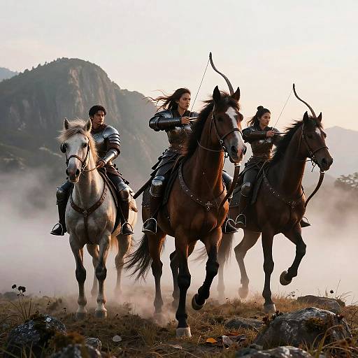 Photograph of three armored warriors on galloping horses, drawing bows, surrounded by mist, with a mountainous landscape in the background.