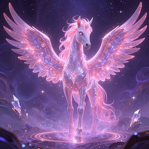 Digital art of a glowing, ethereal white unicorn with pink and blue crystalline wings, standing on a circular magical symbol in a cosmic, starry