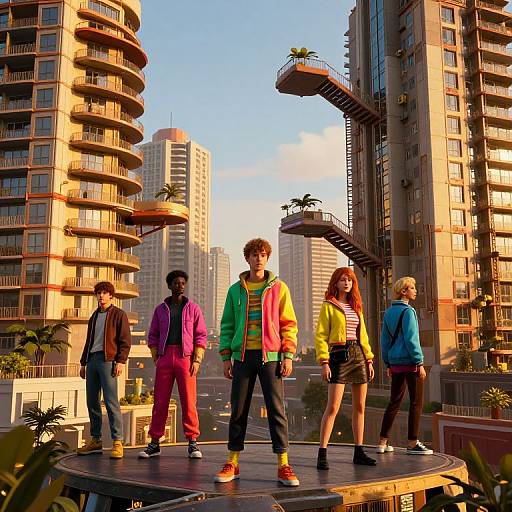 Photograph of five diverse young musicians in vibrant, 80s-style clothing, standing on a rooftop stage between modern, sunlit apartment buildings.