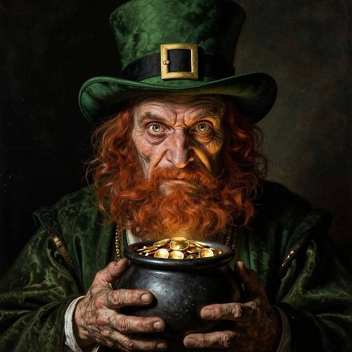 Photograph of a fierce, elderly, red-bearded Leprechaun with green hat and coat, holding a black pot of gold, glowing eyes