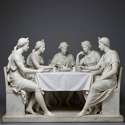 Photograph of a classical marble statue depicting five Greco-Roman women seated around a table, engaged in conversation, with elegant drapery and minimalist