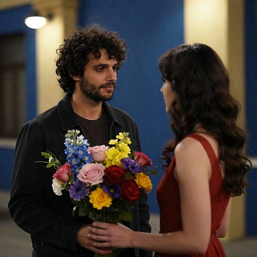 Man Giving Woman Colorful Bouquet in Urban Setting
