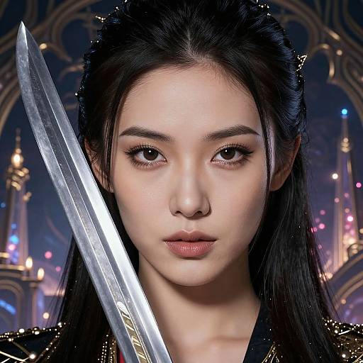 Close-up photograph of an Asian woman with long black hair, holding a gleaming, silver sword, set against a futuristic, illuminated background.
