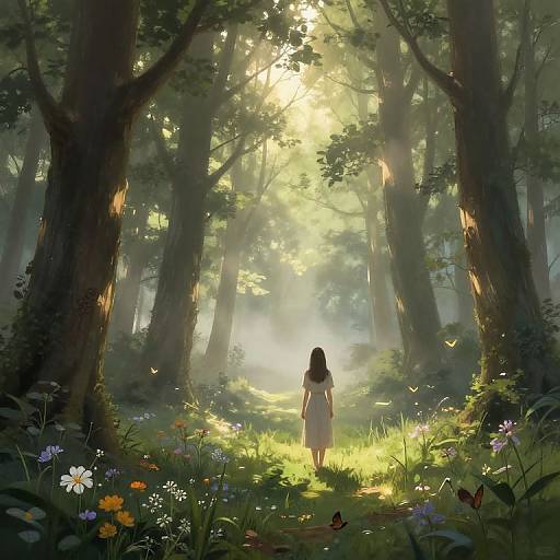 Digital painting of a woman in a white dress standing in a sunlit, enchanted forest with tall trees, colorful flowers, and butterflies.