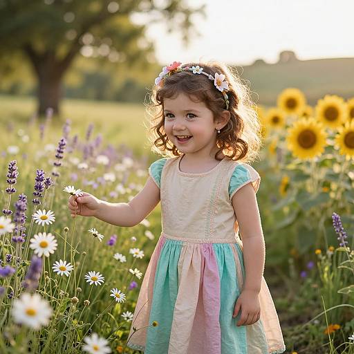 Photograph of a curly-haired, smiling young girl in a pastel dress, wearing a flower crown, standing in a sunlit field of sunflowers