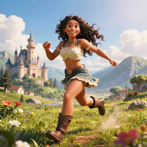 Digital CGI artwork of a smiling, curly-haired, dark-skinned girl in a crop top and skirt, running joyfully through a colorful meadow with