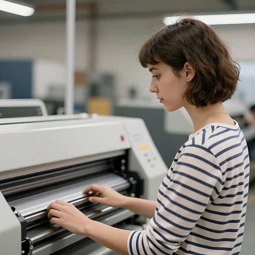 Young Woman with Printing Machine in Factory