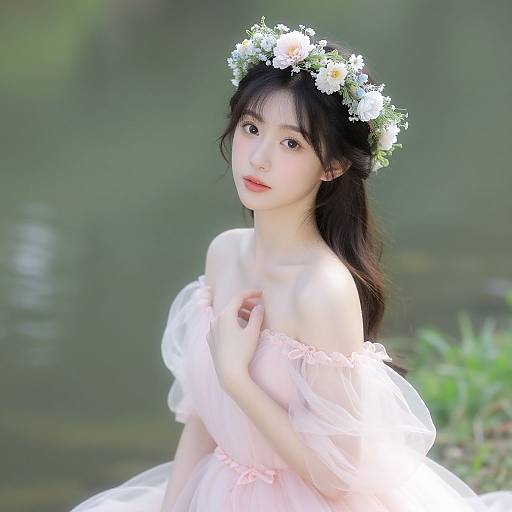 Photograph of an Asian woman with pale skin, black hair, and delicate features, wearing a white floral crown and off-shoulder pink dress,