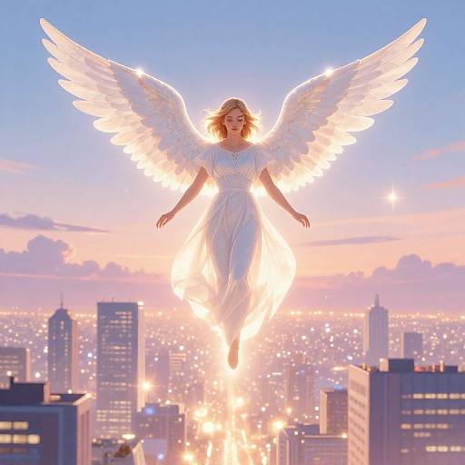 Digital artwork of a glowing angel with white wings and dress, floating above a cityscape at sunset, surrounded by radiant light.