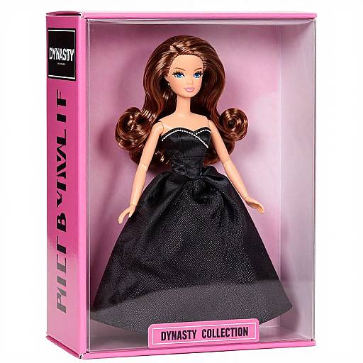 Photograph of a Barbie doll with long brown hair, blue eyes, wearing a strapless black gown, in a pink 