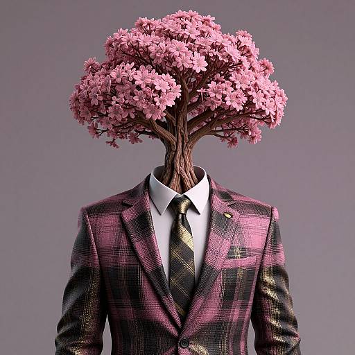 Photograph of a headless mannequin wearing a pink plaid suit, white shirt, and black tie, with a pink cherry blossom tree for