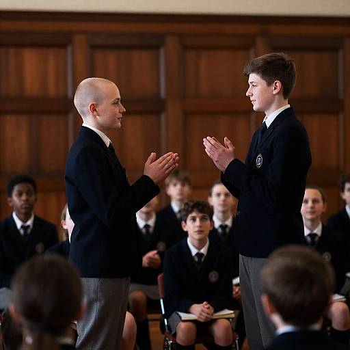 Boys Clapping in Dimly Lit Classroom