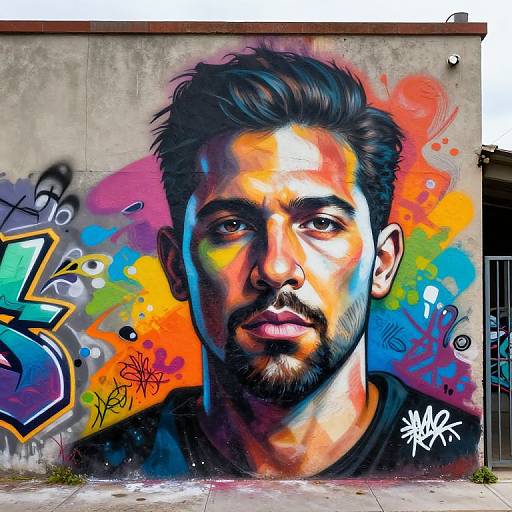 Vibrant digital graffiti mural of a serious, bearded man with dark hair on a concrete wall, surrounded by colorful splashes and graffiti tags.