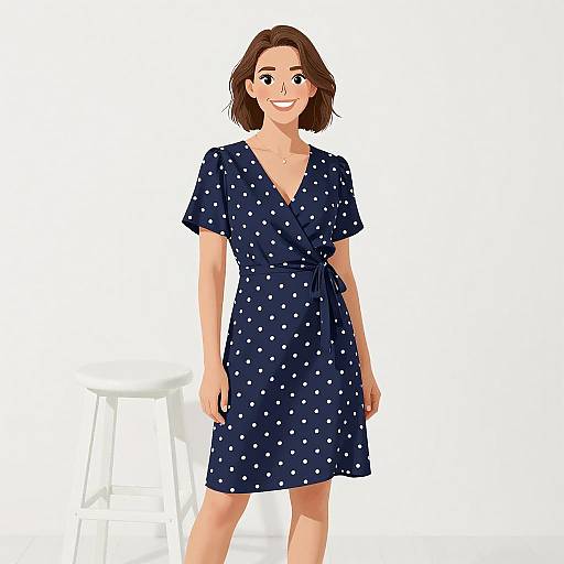 Digital illustration of a smiling woman with short brown hair, wearing a navy blue, short-sleeved polka dot dress, standing against a white background