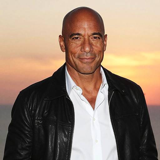 Photograph of a bald, middle-aged man with a tan complexion, smiling, wearing a black leather jacket over a white shirt, against a sunset sky