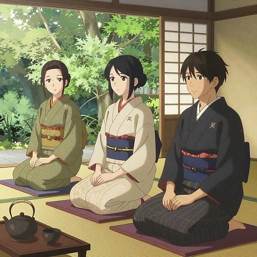 Digital anime-style illustration of three Japanese individuals, two women and one man, in traditional kimonos, sitting on tatami mats in a sunlit