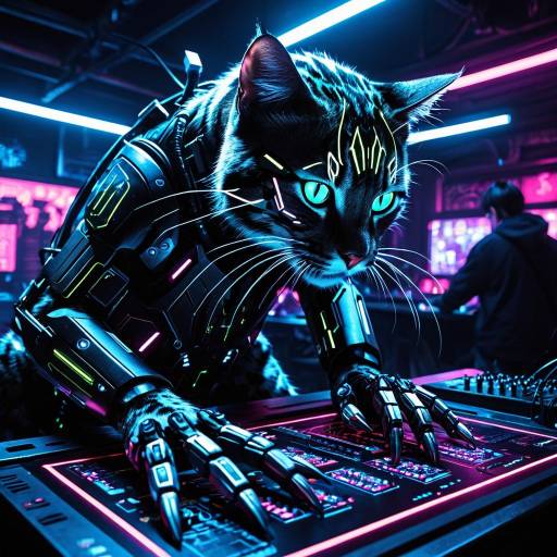 Neon Cyber Feline in Cyberpunk Club