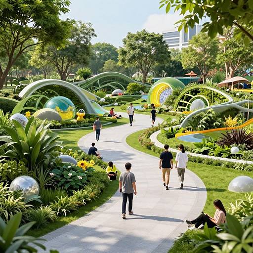 Photograph of a vibrant, futuristic garden with winding paths, large green and yellow arches, transparent bubbles, and people relaxing amidst lush, colorful plants