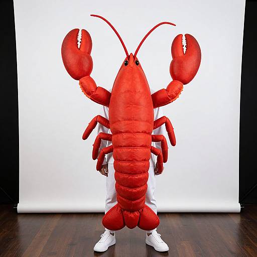 Photograph of a person in a bright red lobster costume with large claws raised, wearing white pants and white sneakers, standing on dark wooden floor against a