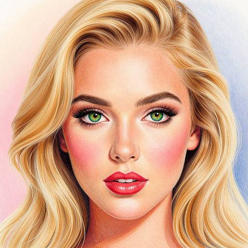 Digital portrait of a blonde woman with green eyes, pink cheeks, red lips, and wavy hair against a gradient pink-to-blue background.
