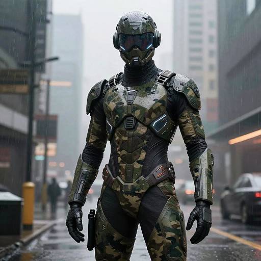 Digital artwork of a futuristic soldier in camouflage armor with helmet, standing on a rainy urban street, blurred skyscrapers in background.
