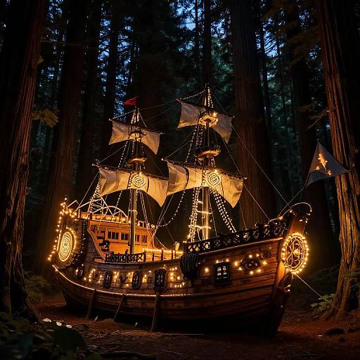 Photograph of a glowing, illuminated wooden pirate ship with spiral lights and flags in a dark forest at night.