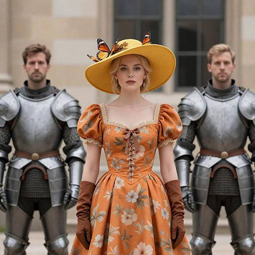 Elegant Woman with Armor-Clad Companions