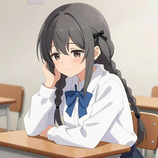 Anime-style digital drawing of a shy girl with long black hair in twin braids, wearing a white shirt and blue bow, seated at a school desk