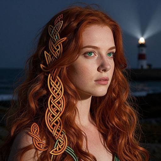 Photograph of a fair-skinned, red-haired woman with green eyes, wearing intricate Celtic braids, against a dark, ocean backdrop with a lit