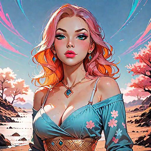 Digital Portrait of Woman with Pink Hair and Blue Outfit