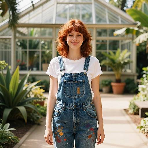 Red-haired Woman in Paint-Splattered Overalls in Glass Conservatory