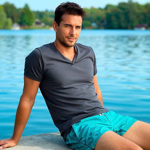 Photograph of a handsome, dark-haired man with a trimmed beard, wearing a navy V-neck shirt and turquoise shorts, sitting by a bright blue lake