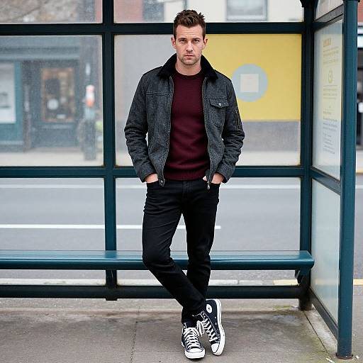 Photograph of a handsome, bearded man with short brown hair, wearing a black jacket, red shirt, black pants, and black-and-white sneakers