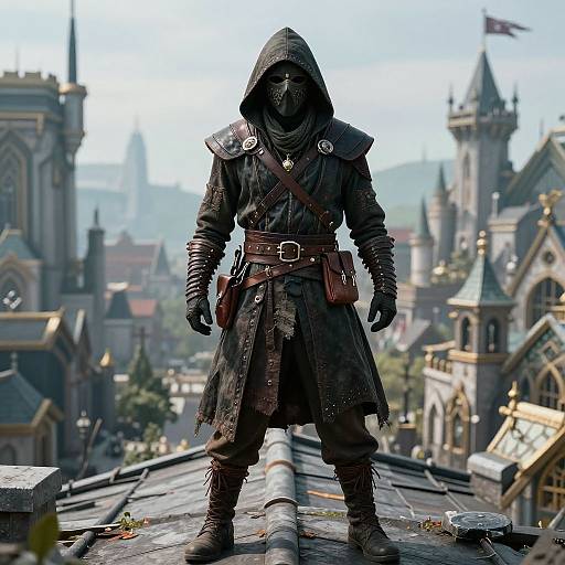 Digital art of a hooded, masked warrior in dark, tattered armor standing on a rooftop with a medieval castle cityscape in the background.
