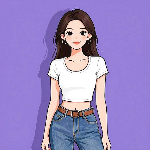 Digital anime-style illustration of a smiling young woman with long brown hair, wearing a white crop top and blue jeans, against a solid purple background.