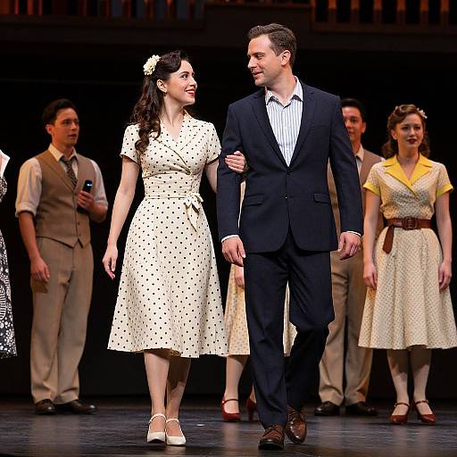Photograph of a stage musical: A smiling couple in 1940s attire, he in a navy suit and white shirt, she in a white
