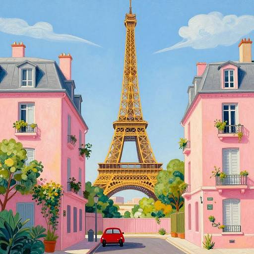Digital illustration of a bright pink Parisian street flanked by pastel buildings, leading to a towering, golden Eiffel Tower under a blue sky