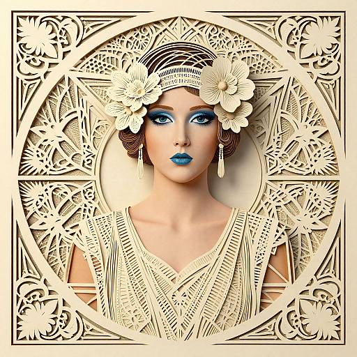 Art Deco-style digital portrait of a woman with blue lipstick, floral headpiece, and ornate lace frame, featuring intricate patterns.