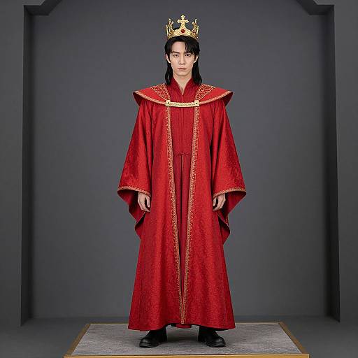 Photograph of a solemn Asian man with long black hair, wearing a gold crown and red, gold-embroidered royal robe, standing against a