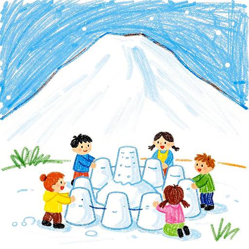 Kids Building Snow Fort by Snowy Mountain