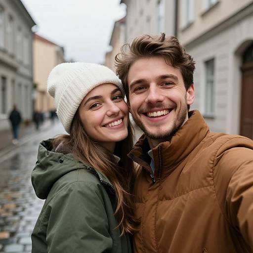 Photograph of a smiling couple in winter clothes, standing on a cobblestone street with blurred buildings in the background. She wears a white knit hat
