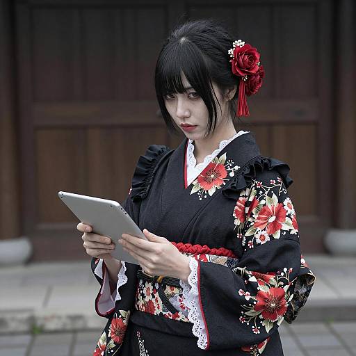 Asian Woman in Floral Kimono Holding Tablet