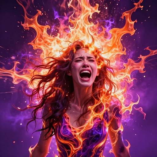 Photograph of a screaming woman with fiery orange and purple flames engulfing her head, wearing a dark purple top, against a black background. Dynamic,