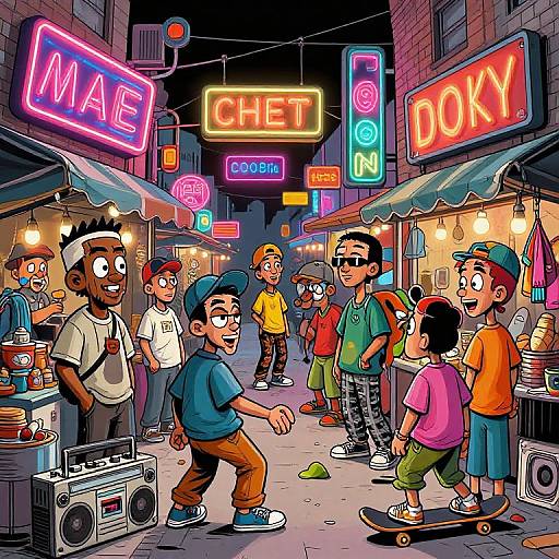 Vibrant comic-style drawing of diverse kids in colorful clothes, skateboards, and sunglasses, interacting in a neon-lit, narrow urban street with