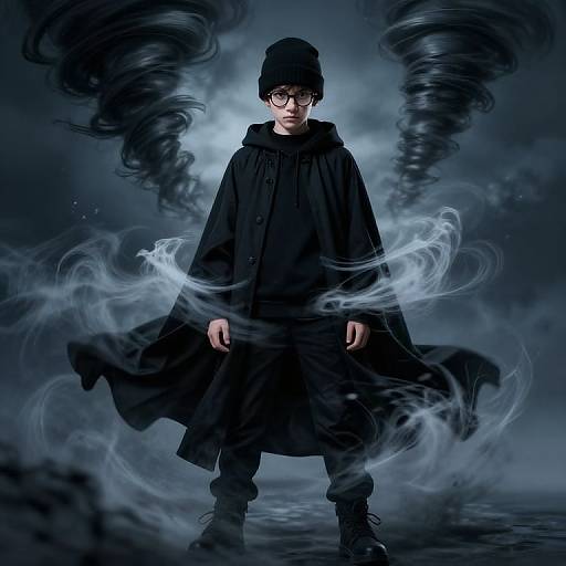 Photograph of a young boy in a black hooded cloak, glasses, and beanie, surrounded by swirling dark and blue smoke.