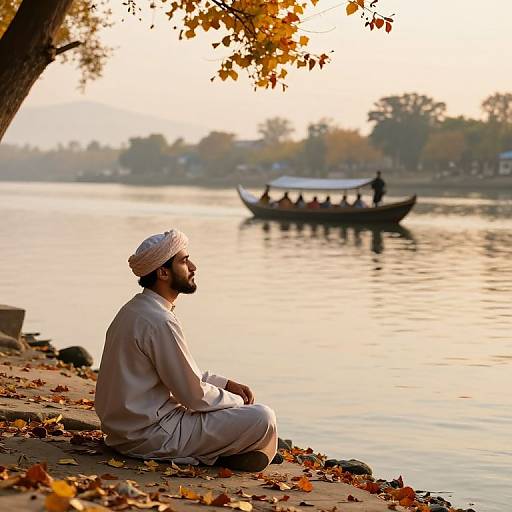 Photograph of a bearded man in white traditional attire and turban, sitting on a riverbank with autumn leaves, watching a boat with passengers in