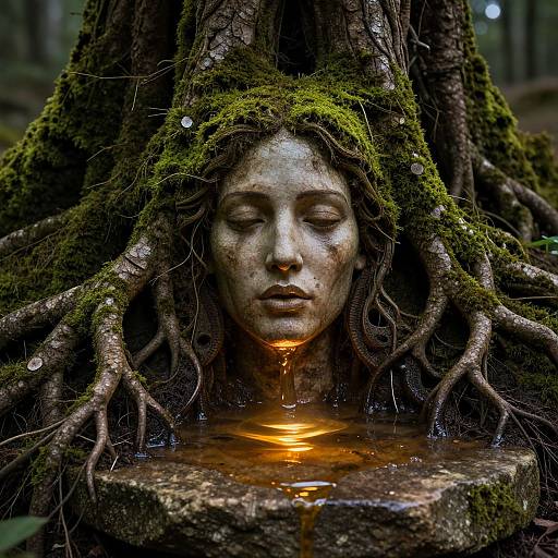 Digital artwork: Moss-covered tree roots envelop a serene, stone-faced woman with closed eyes, her face and neck dripping golden honey into a small, moss