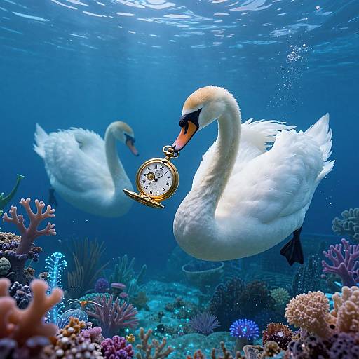 Photograph of two white swans underwater, holding a vintage gold pocket watch, surrounded by colorful coral reefs and ocean plants.